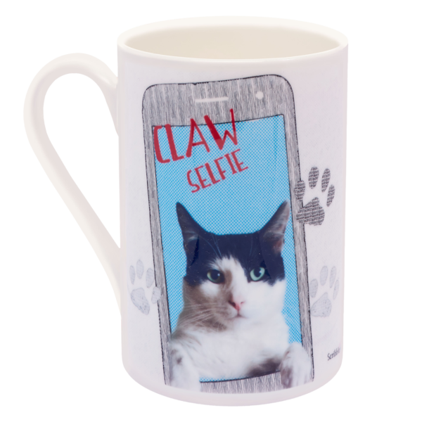 Bone-china mug, featuring our Claw Selfie design. Each Scribbleface gift is created by Francis Morrish at her photo design studio in Kent. Bespoke gifts that can be personalised with a favourite photograph.