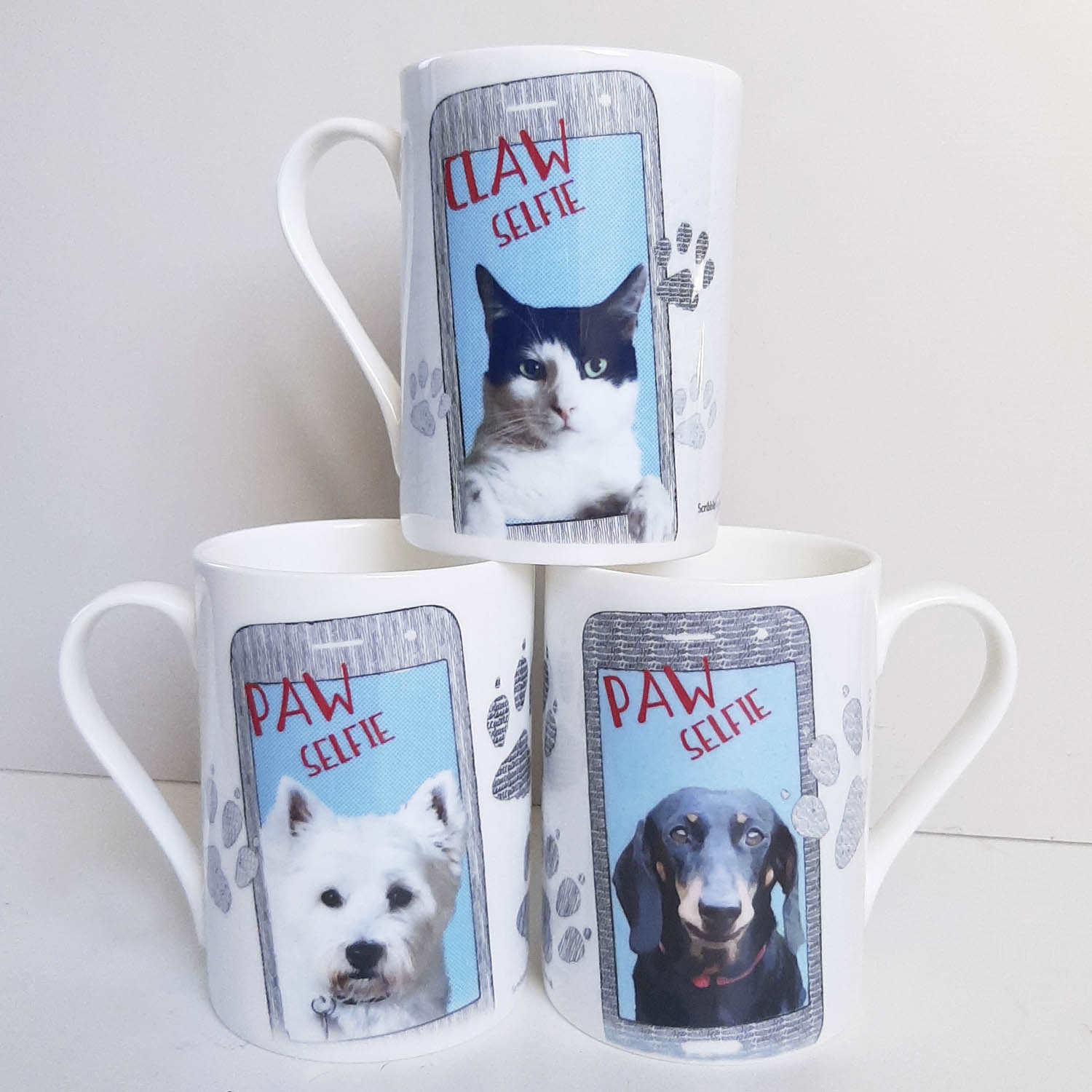 Selection of pet mugs from Scribbleface.