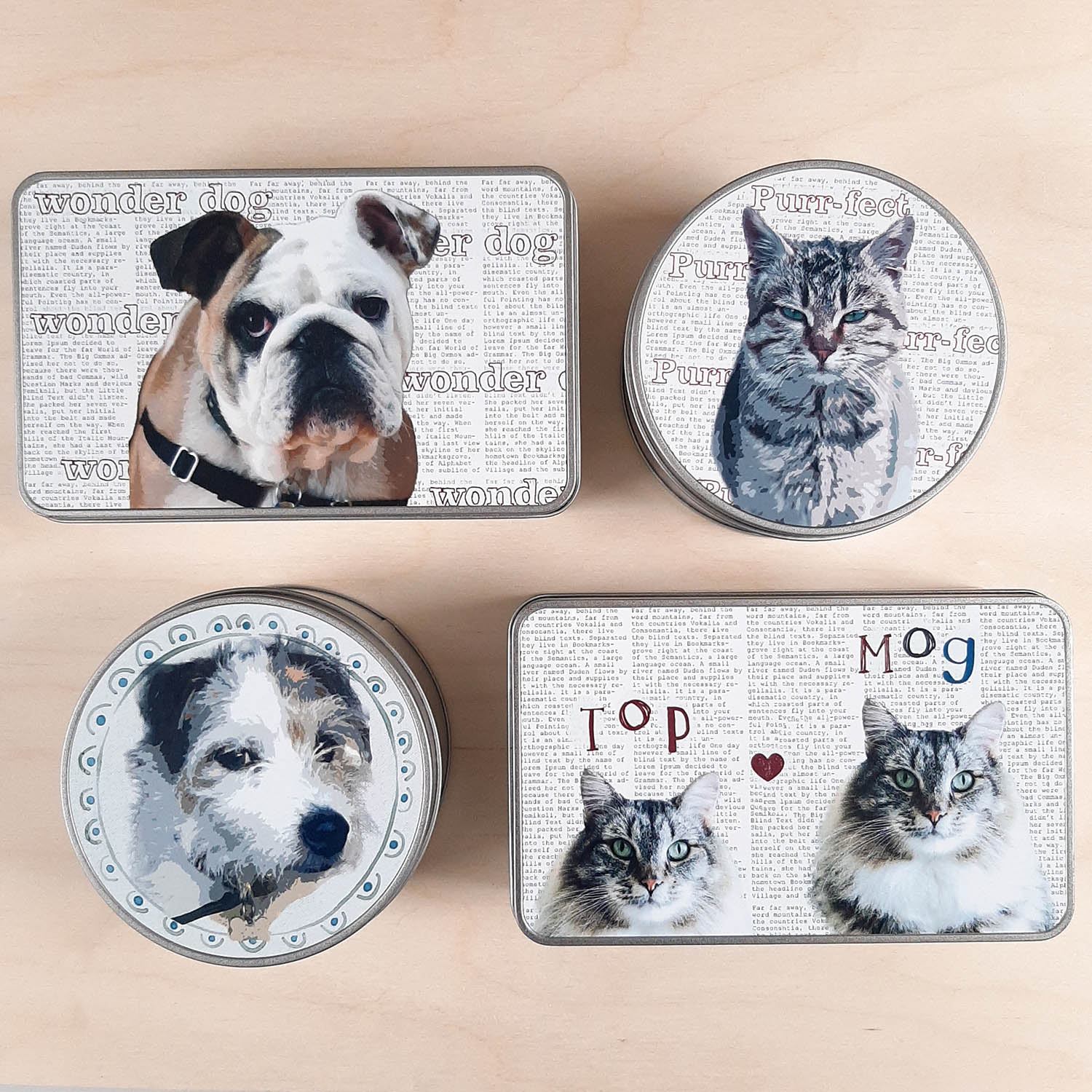 Selection of pet tins from Scribbleface.